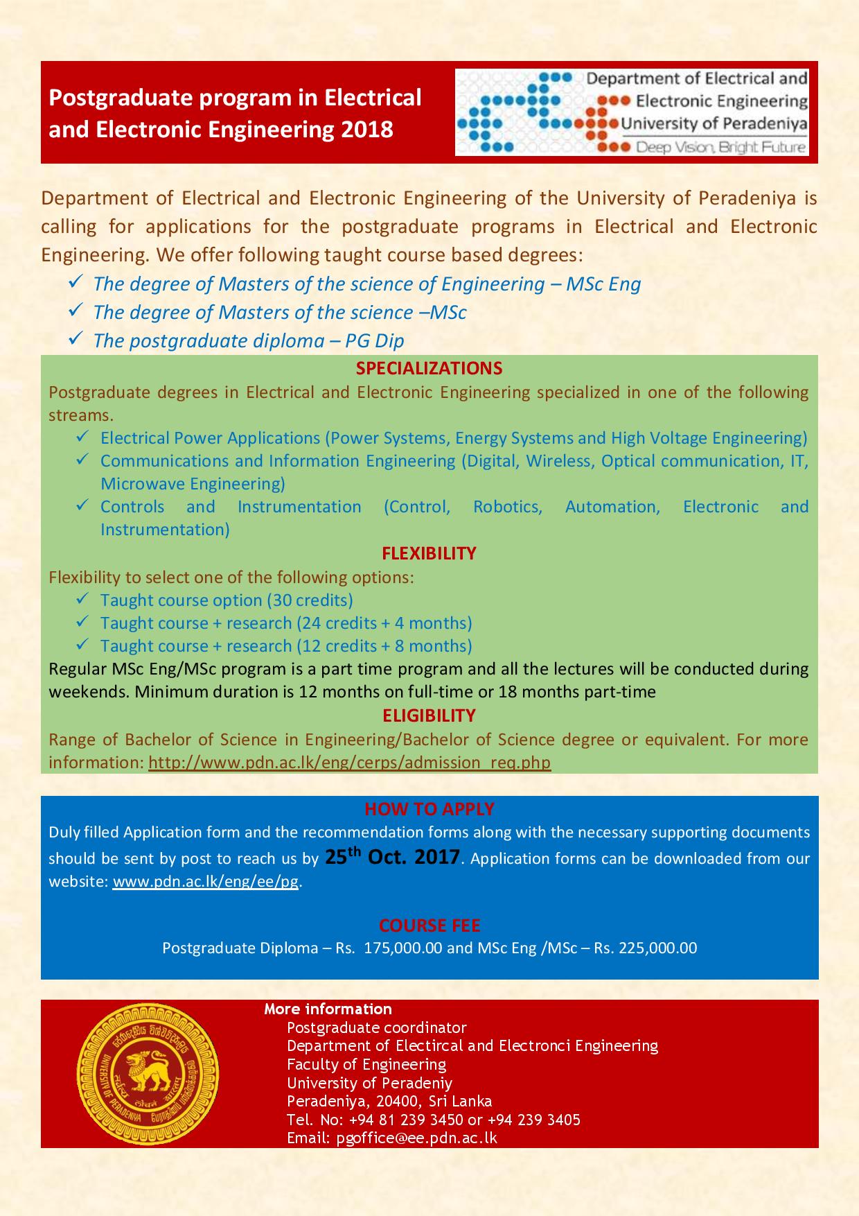 Postgraduate Program in Electrical & Electronic Engineering - Department of Electrical & Electronic Engineering - University of Peradeniya